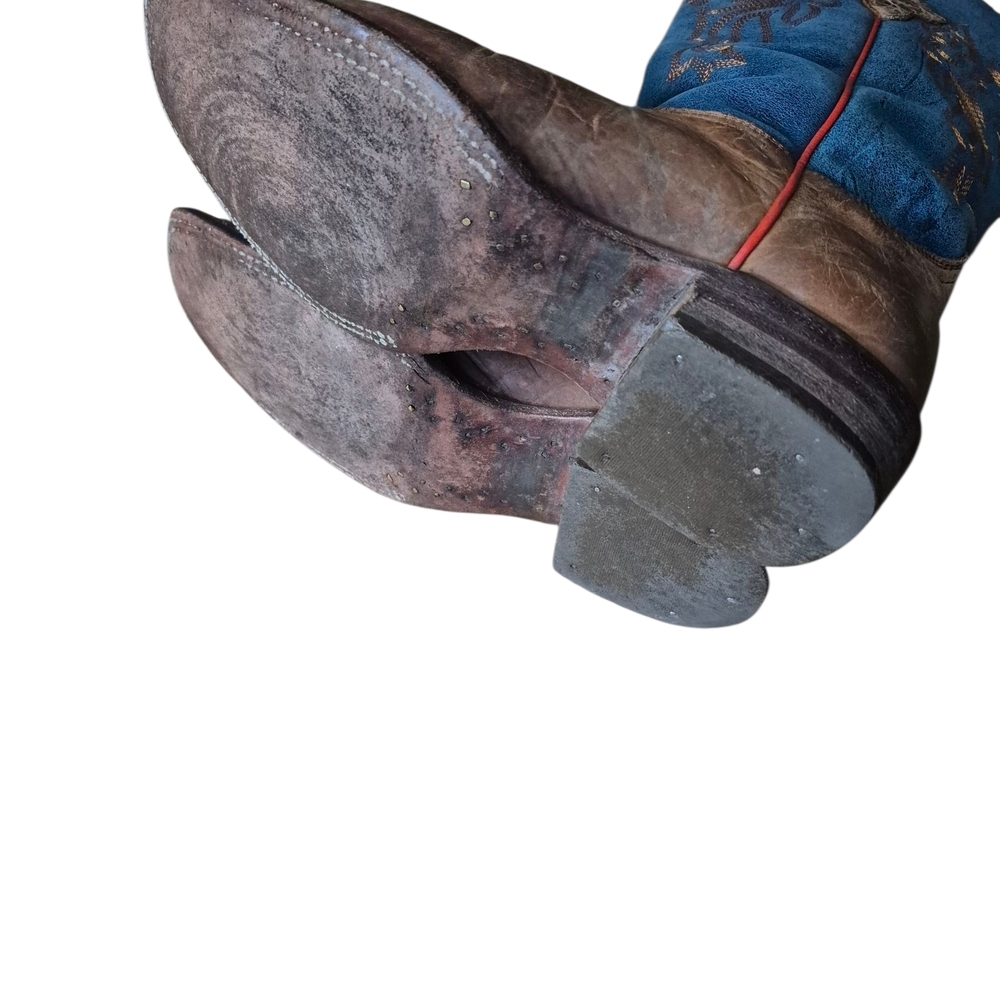 8.5 B J.B. Dillon Blue and Brown Cowboy Boots with Ornate Stitching - Picture 9 of 10